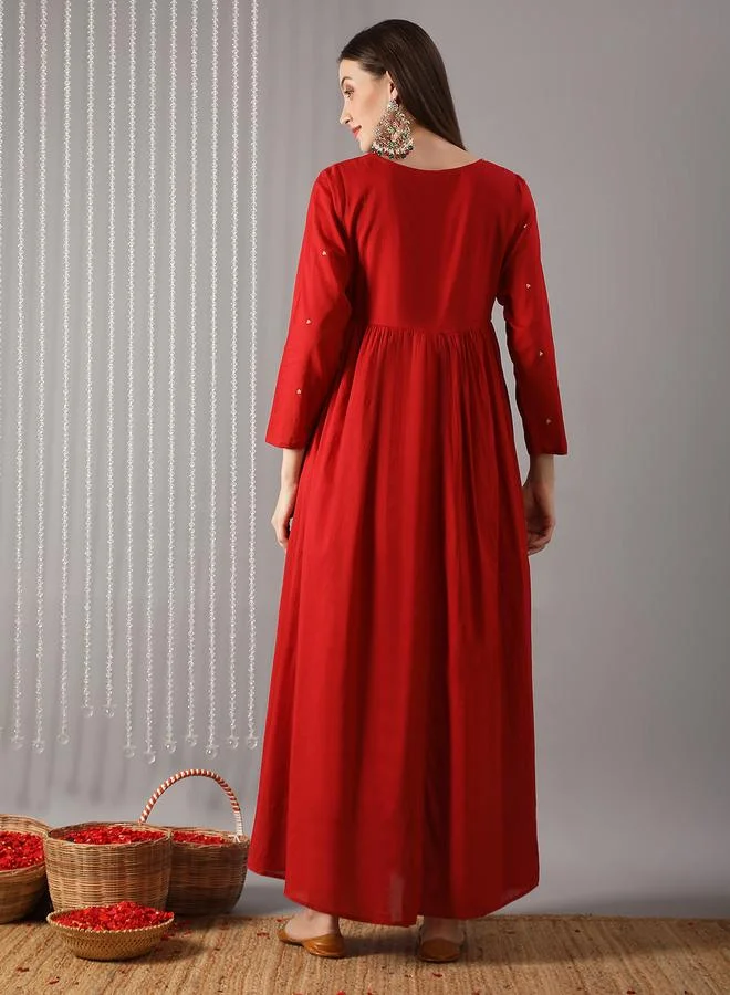 globus Women Red Boat Neck Embroidered A-Line Maxi Dress